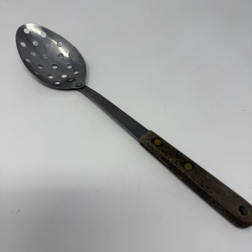 Vintage Robinson Knife Co. Slotted Spoon Stainless Steel Wood Handle 12" USA